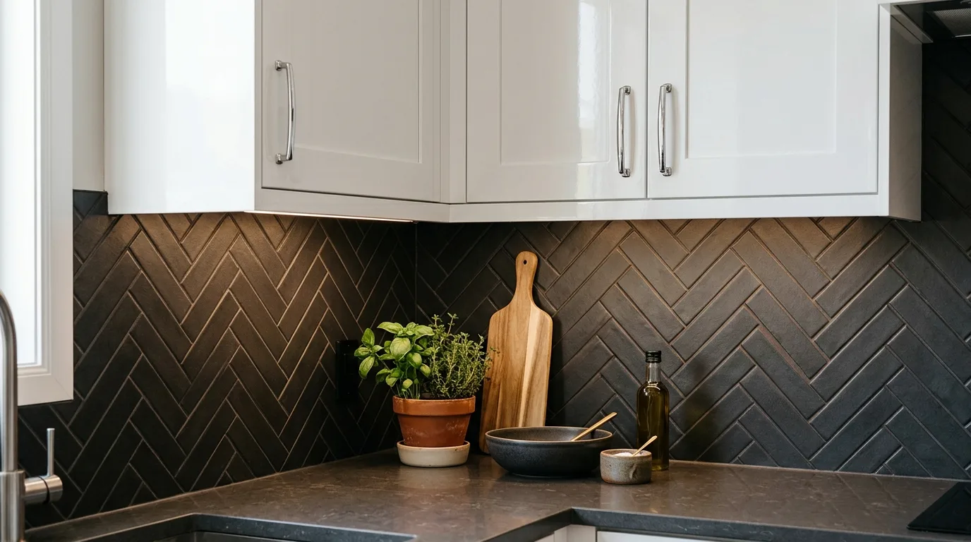 Pair white cabinets with warm neutral tile inspiration for a white kitchen with a backsplash feature.